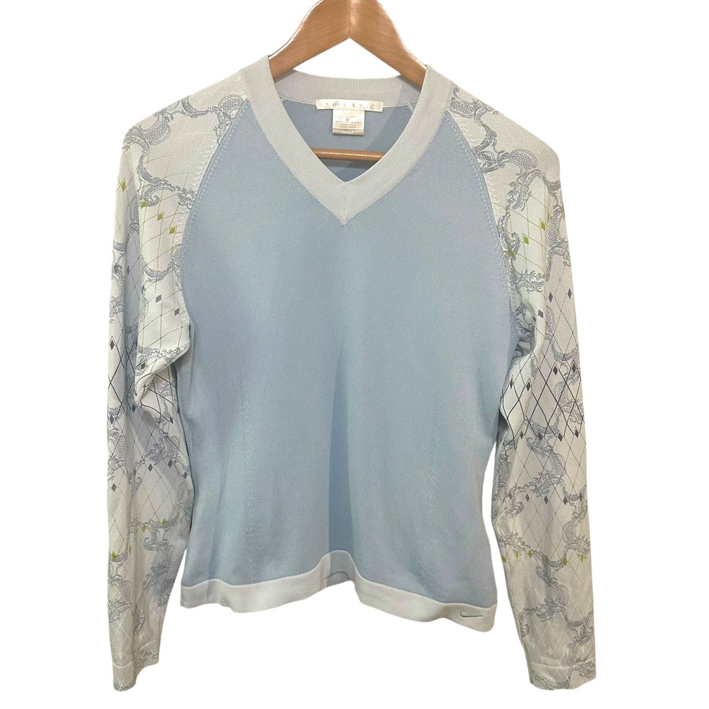 Nike Golf Sweater Womens SM‎ Light Blue Paisley Sleeve V-Neck Dri Fit Outdoors
